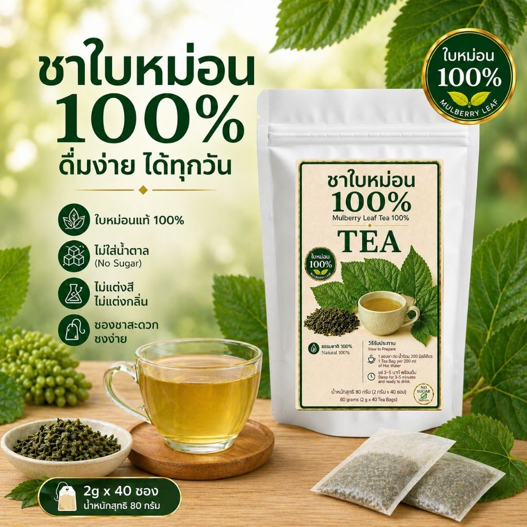 ชาใบหม่อน แท้100% จำนวน12 /40ซองชา ชงได้ร้อนและเย็น ธรรมชาติแท้ 100% สินค้าออร์แกนิก ชาสมุนไพรสูตรธรรมชาติ