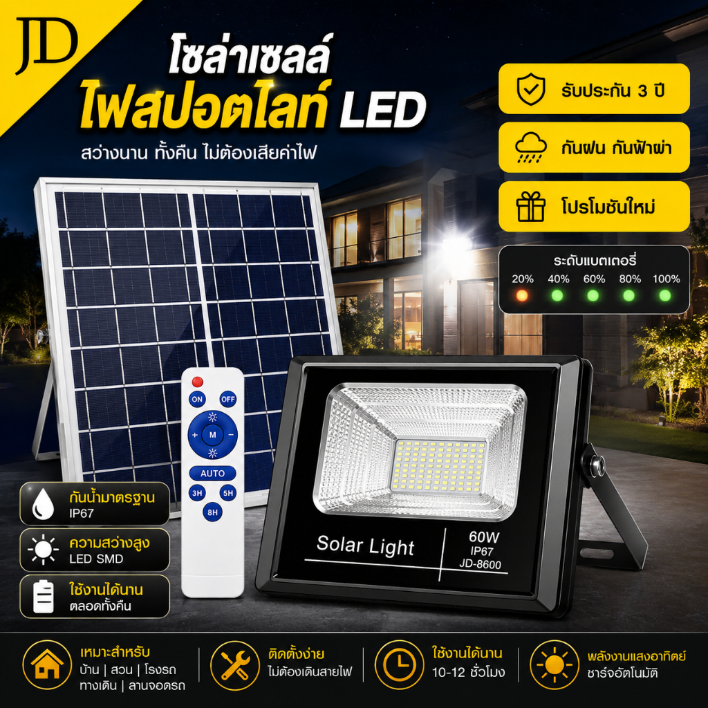 JD【รับประกัน 10 ปี】ไฟโซล่าเซล 60W ไฟสปอร์ตไลท์ ไฟถนนโซล่าเซลล์ Solar Light แสงขาว สปอร์ตไลท์ led