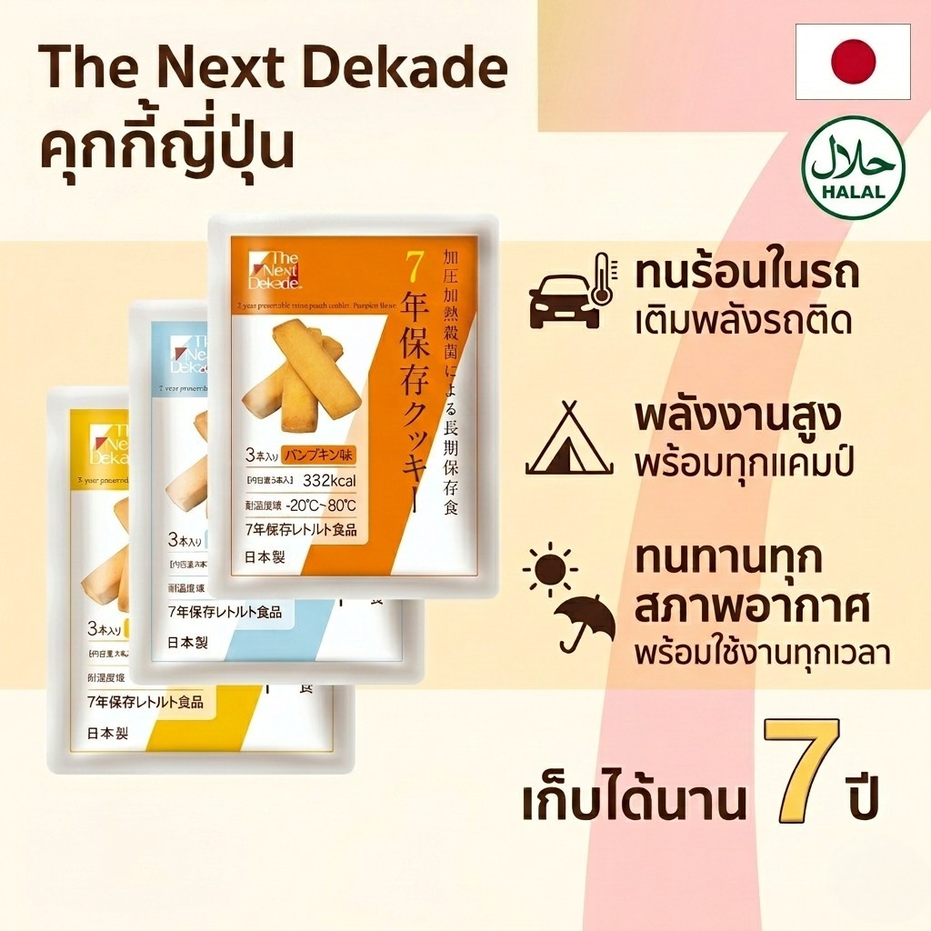 [Made in Japan] คุกกี้ญี่ปุ่น The Next Dekade เก็บได้นาน 7 ปี (Halal) ทนความร้อนสูง เหมาะสำหรับติดรถตอนรถติด พลังงานสูงสำหรับแคมป์ปิ้งและเดินป่า 3 รสชาติ
