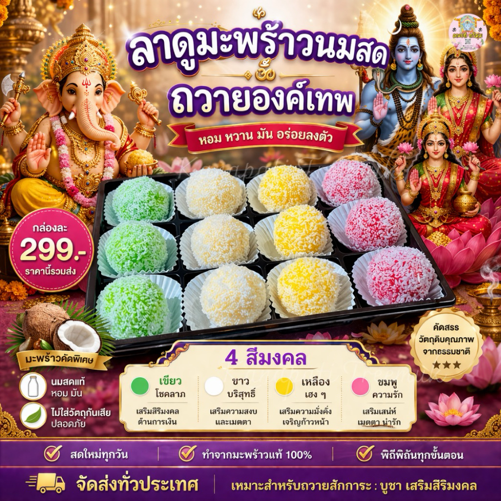 ขนมลาดูมะพร้าวนมสด ลูกใหญ่คละสี ถวายพระพิฆเนศ / ผลิตสดใหม่ตาม Order เท่านั้น ขนมลาดูโมทกะ