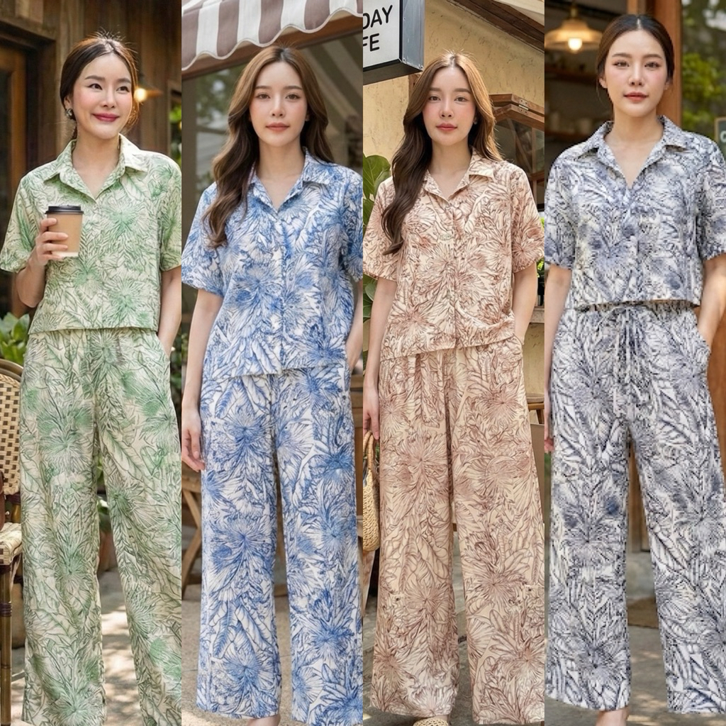 Silla กางเกงขายาว รุ่น Luxury L01 ลายใบไม้เรียบหรูดูแพง เนื้อผ้าไหมอิตาลี ผ้าพริ้วนุ่ม ใส่สบาย ลายสวย
