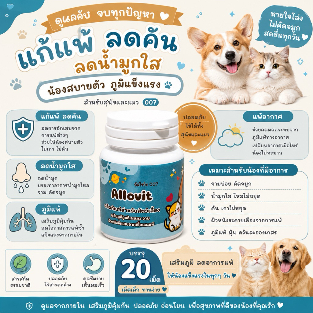Allovitt เสริมอาหารสัตว์เลี้ยง แพ้ คัน เกา น้ำมูกใสๆ (สีคราม)