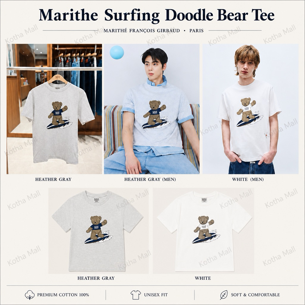 Marithe Surfing Doodle Bear Tee