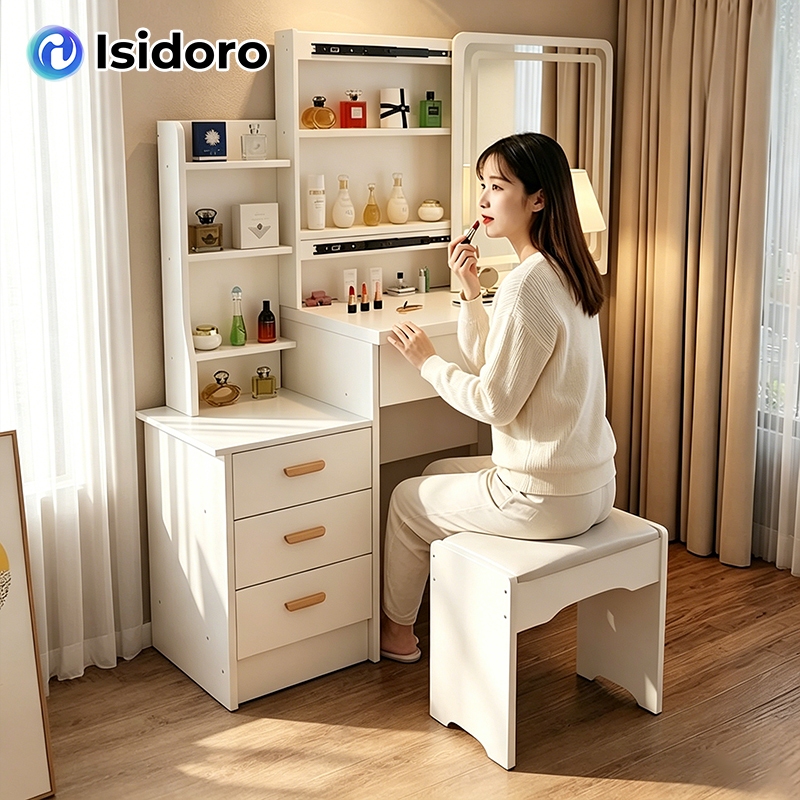Isidoro LEDโต๊ะเครื่องแป้งไม้ 80CMลิ้นชักหลายชั้น หลากหลายฟังก์ชั่น โต๊ะเครื่องแต่งหน้า การประกอบอย่างง่าย