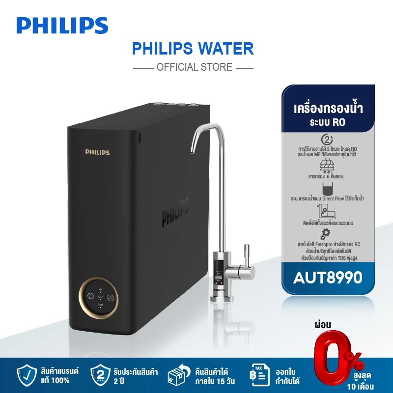 Philips water AUT8990 เครื่องกรองน้ำ RO ด้วยระบบกรอง 2 ชั้น ติดตั้งได้ทั้งแนวตั้งและแนวนอน
