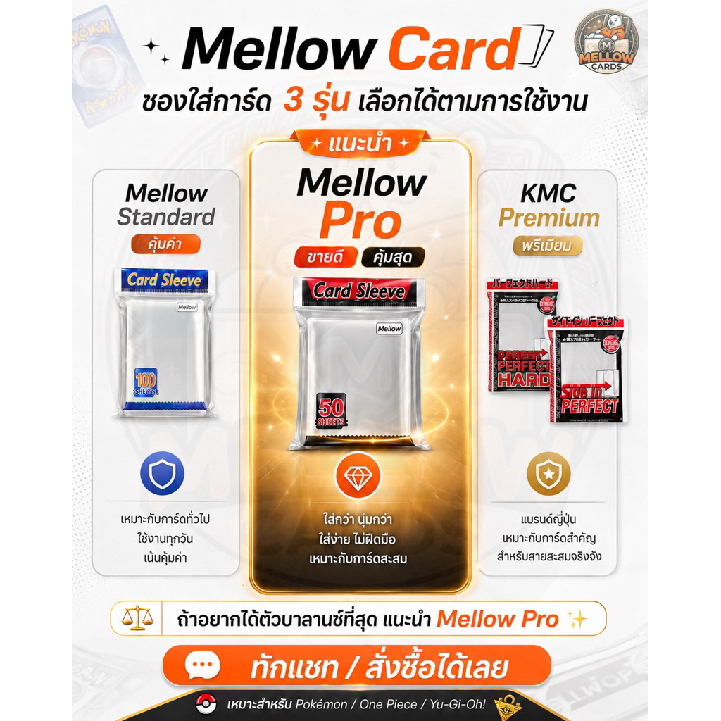 Mellow Card ซองใส่การ์ด 65x90 มม. Standard / Pro / KMC Premium ซองใส Pokemon One Piece Yu-Gi-Oh! ซอง