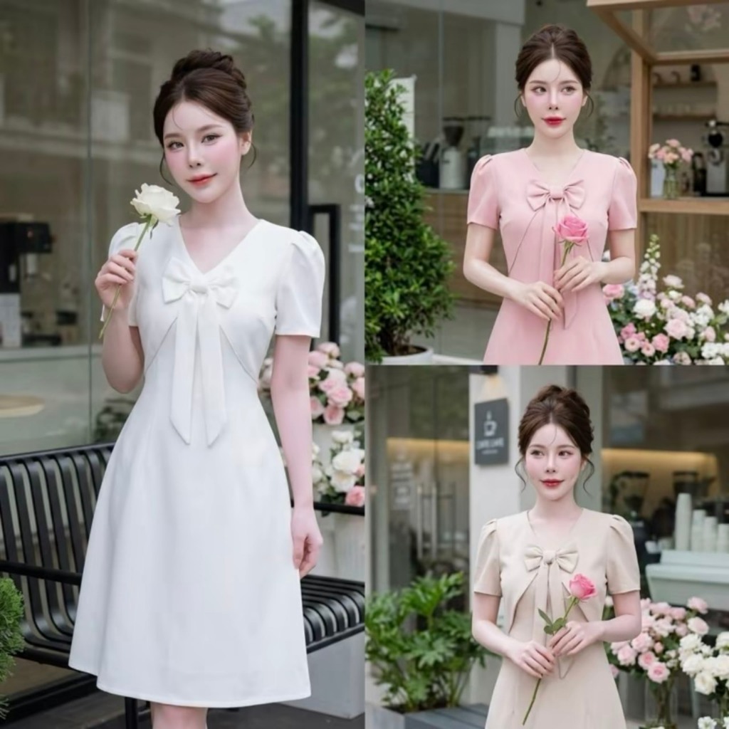 D925 เดรสโบว์หน้า กระโปรงทรง Aสอบตรง มีไซส์S-3XL