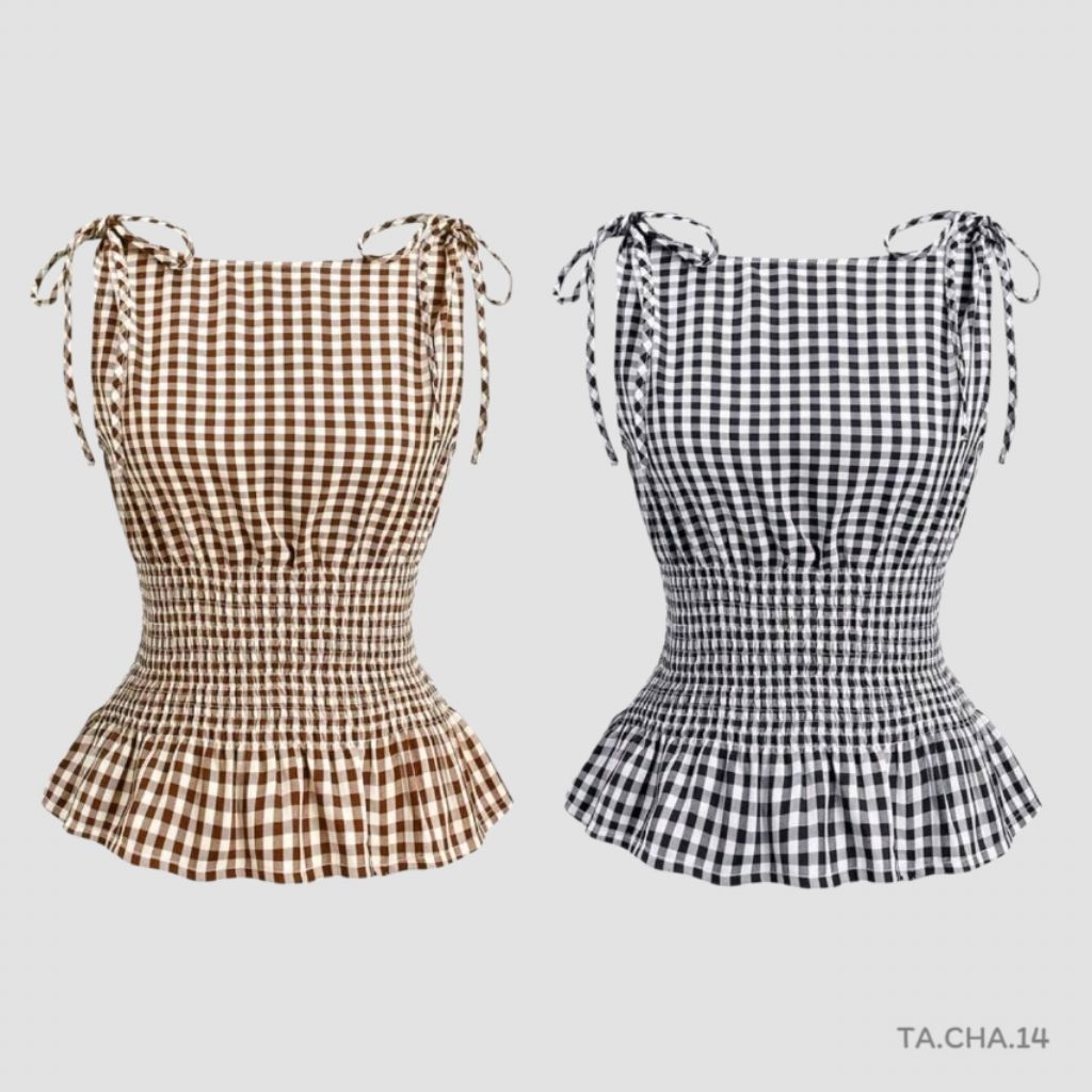 เสื้อแขนกุด​ ลาย​สก็อต​ ผูก​โบว์​ไหล่​ เข้ารูป​ ระบาย​ มีหล​า​ย​สี​ I พรี​ออเดอร์​