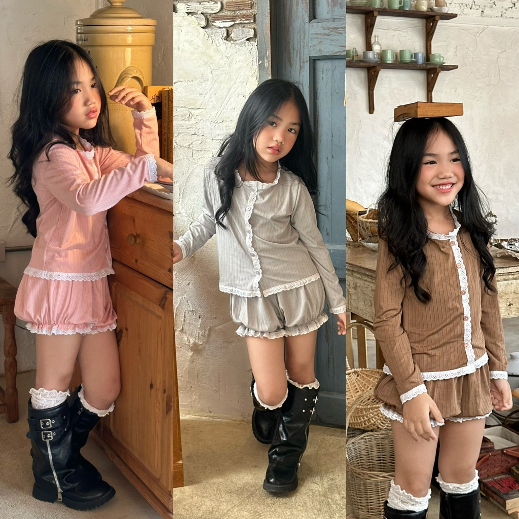 ชุดเซท 2 ชิ้น เสื้อคาดิแกน+กางเกงแต่งลูกไม้ระบาย