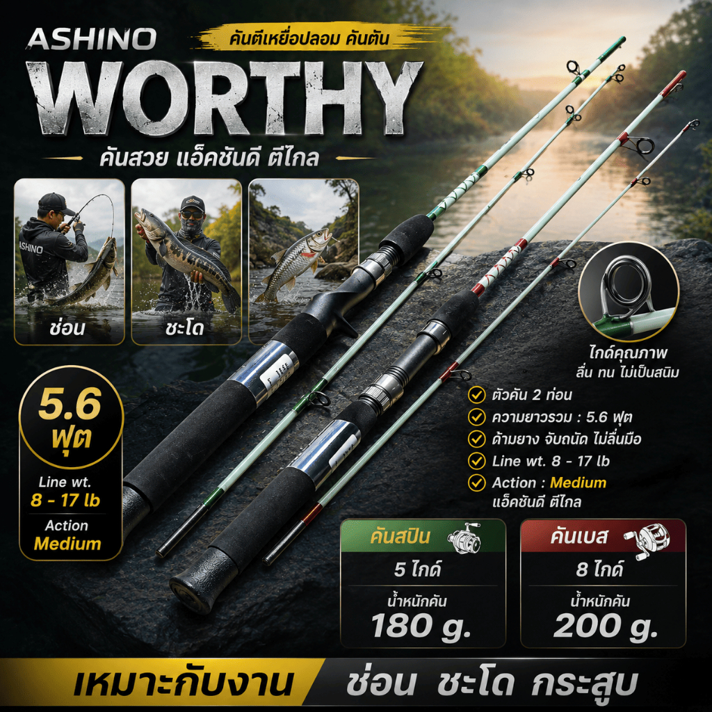 [ ของแท้ ]  คันตีเหยื่อปลอม คันตัน Ashino Worthy Line wt. 8-17 lb ยาว 5.6 ฟุต เหมาะกับงานช่อน ชะโด กระสูบ
