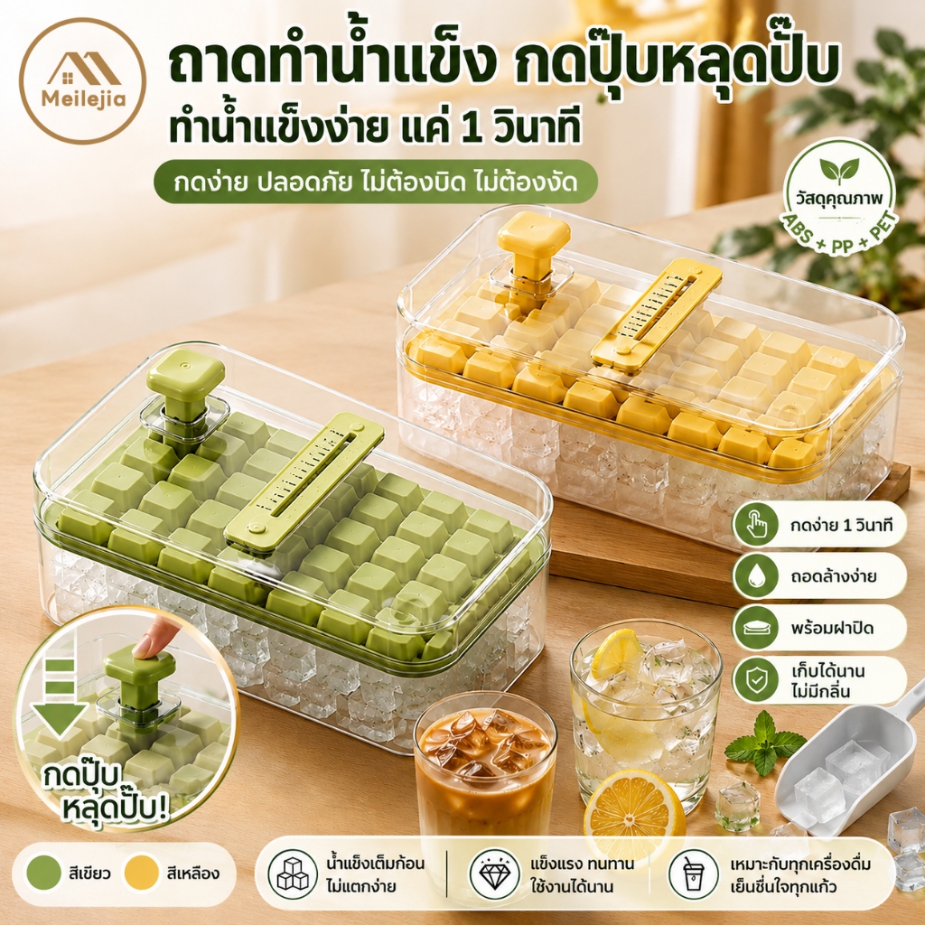ชุดถาดทำน้ำแข็งกดเด้ง พร้อมกล่องเก็บน้ำแข็ง ฝาปิดสนิท ถอดน้ำแข็งง่าย ใช้งานสะดวก สำหรับเครื่องดื่มเย็น