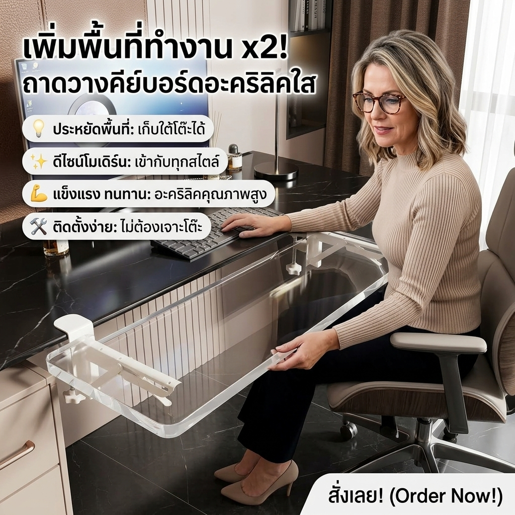 Desk Shelf 80x20cm แผ่นเสริมโต๊ะทำงาน แบบหนีบ ไม่ต้องเจาะ ที่วางแขนคีย์บอร์ดพับได้