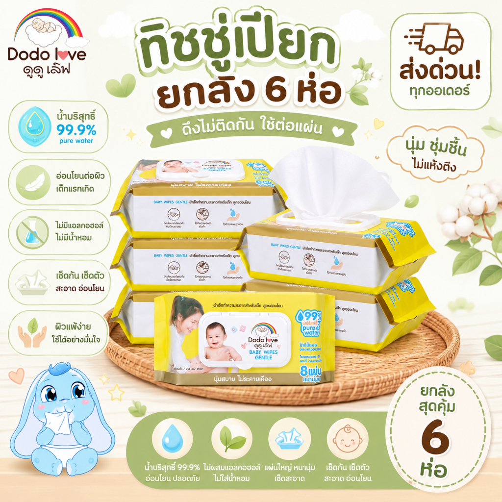 DoDolove ส่งด่วน ทิชชู่เปียก ดึงไม่ติดกัน ยกลัง6ห่อ  ใช้งานสะดวก อ่อนโยน ผิวแพ้ง่ายใช้ได้ ทิชชู่เด็ก