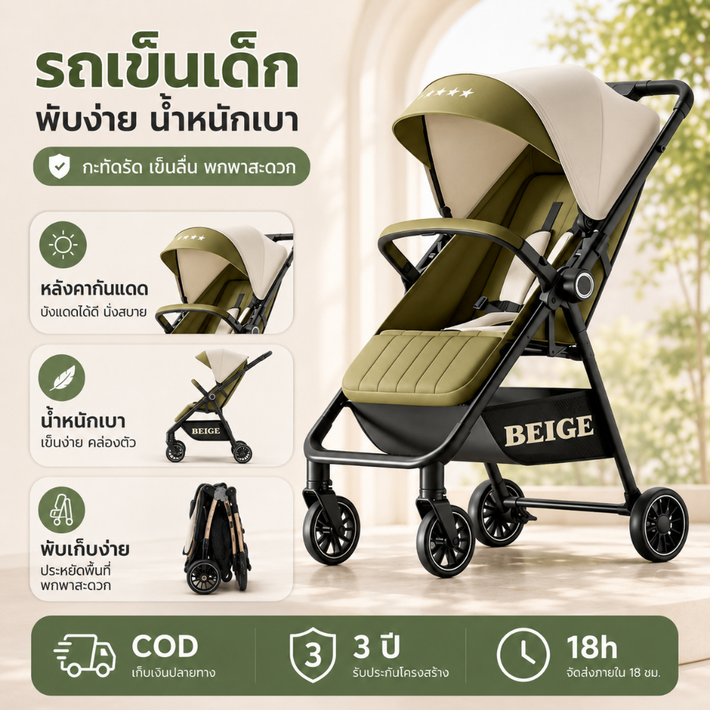 Beige รถเข็นเด็กพับได้ 4.9KG เข็นได้ 2 ทิศทาง รถเข็นเด็กแรกเกิด 0-6 ปี ล้อ 360° มีเบรก พกพาง่าย