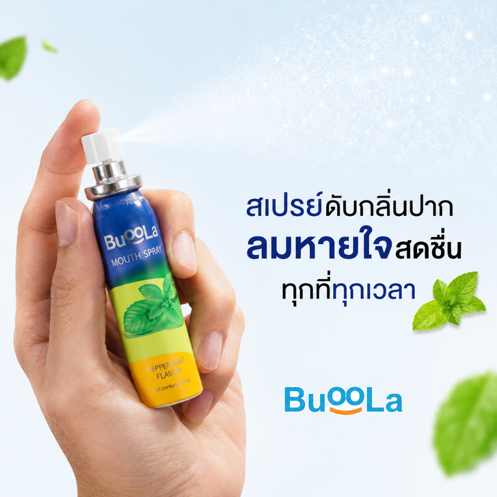 Buoola สเปรย์ระงับกลิ่นปาก (กลิ่นเปปเปอร์มินต์) ช่วยดับกลิ่นปากระหว่างวัน ปากหอมสดชื่น ขนาดพกพา 20 มล.