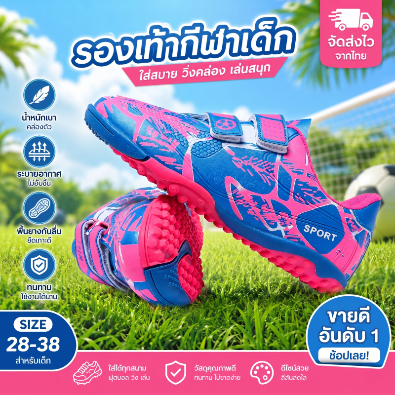 ส่งไวภายใน 24 ชม.! รองเท้าสตั๊ดเด็ก TF หญ้าเทียม ไซส์ 28-38 เทปเวลโคร ลายเท่ ยึดเกาะเยี่ยม ใส่ได้ทั้งเยาวชน