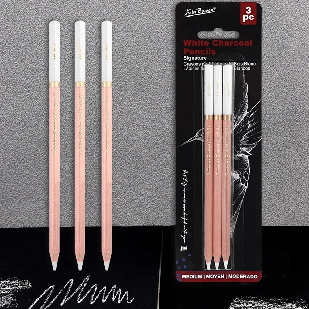 ดินสอชาร์โคลสีขาว 3 แท่ง White Charcoal Pencils ดินสอสีขาว เขียนลื่น เกรดศิลปิน สำหรับวาดรูป ไฮไลท์ สเก็ตช์ภาพ