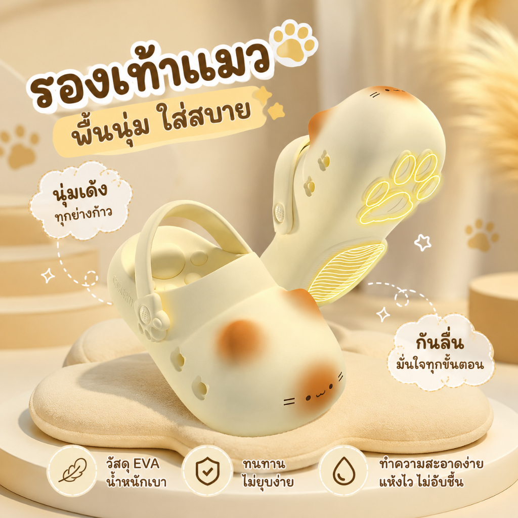 SHO-163 รองเท้าแมวน่ารัก แบบสวม พื้นหนานุ่ม วัสดุ EVA น้ำหนักเบา มีสายรัดส้น กันลื่น ใส่สบาย ดีไซน์การ์ตูนแมว