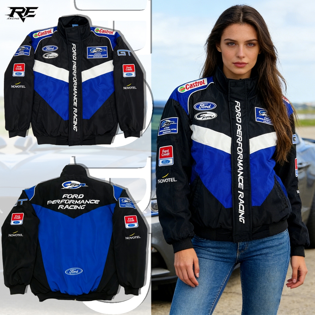 F1 Ford  เสื้อแจ็กเก็ตรถแข่ง สไตล์แฟชั่นเรโทร งานปักทั้งตัว กันน้ํากันลม สไตล์เท่ๆ รุ่นซิปรูด เหมาะขี่มอเตอร์ไซค์