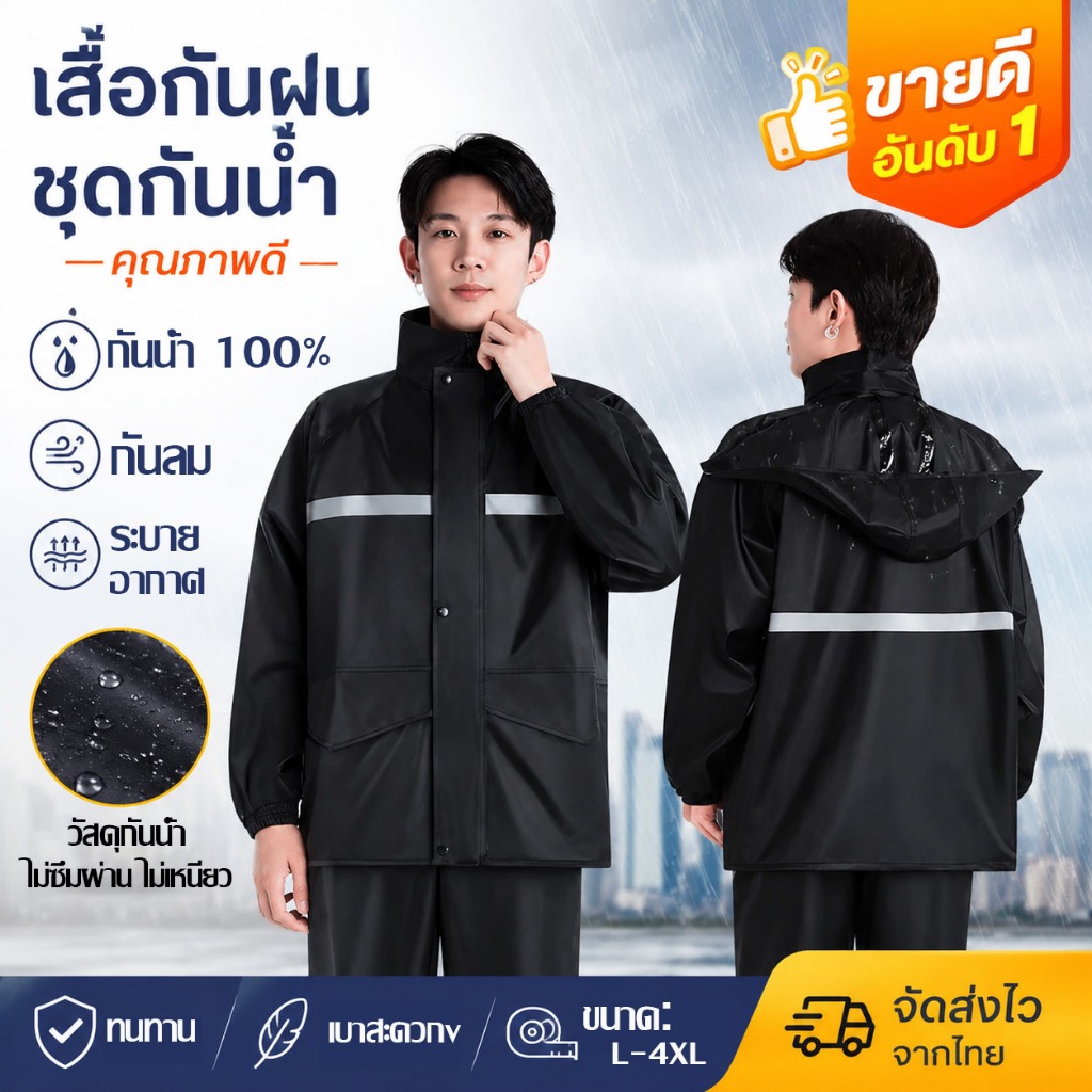 กันน้ำ 100% ชุดกันฝนมีแถบสะท้อนแสง มีหมวก ชุดกันฝนผู้ใหญ่ เสื้อและกางเกงแบบแยกส่วน