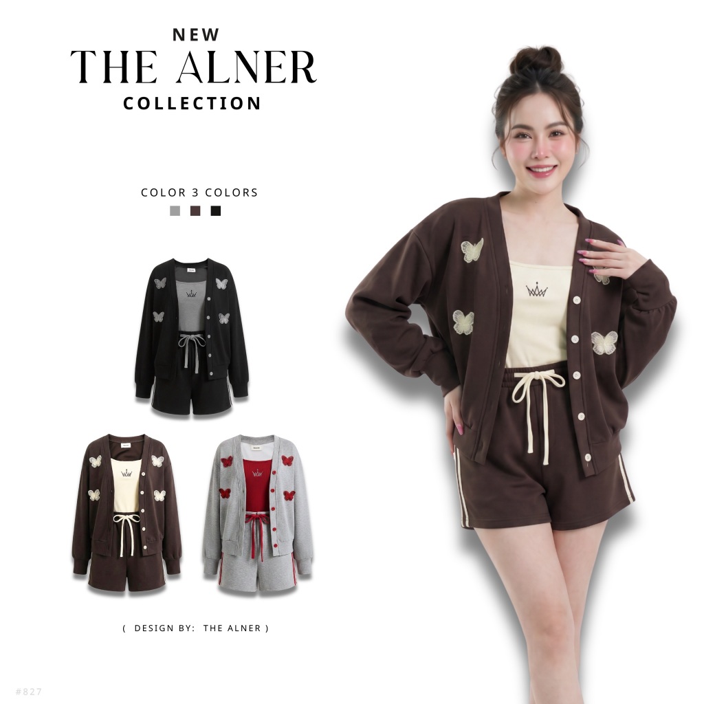 Thealner-AN827  เซตเสื้อ3ชิ้น+เสื้อคลุมแขนยาวกางเกงขาสั้น