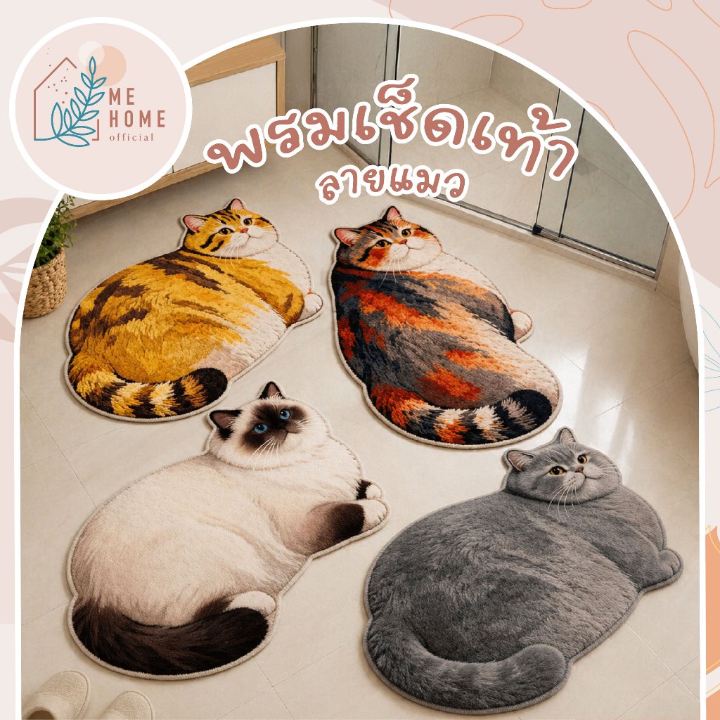 พรมเช็ดเท้าลายแมว แมว3สี พรมเช็ดเท้าลายแมวอ้วน พรมหน้าประตู พรมห้องน้ำ ซับน้ำ กันลื่น พรมดักฝุ่น ลายแมวน่ารัก 3D ขนาด 40