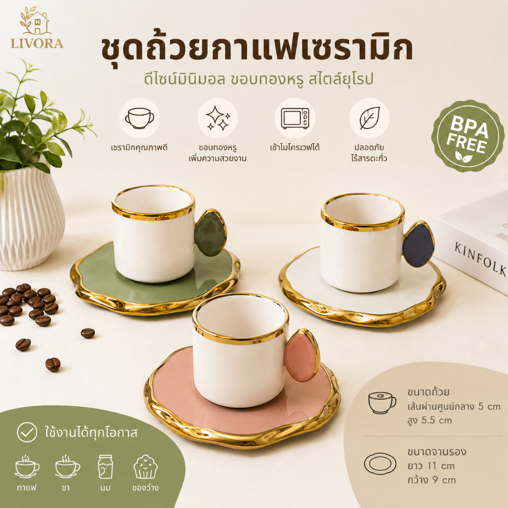 แก้วกาแฟเซรามิก ขอบทอง 1 ใบ พร้อมจานรอง สีพาสเทล มินิมอล มีหลายสีให้เลือก ใช้ในบ้าน/คาเฟ่