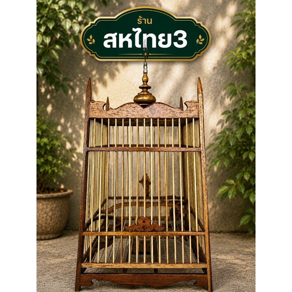 กรงนกหัวจุก กรงไม้สักผ่าวาฟ 15ซี่/17ซี่  อุปกรณ์ครบ