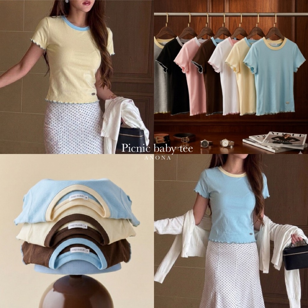 Picnic Baby Tee เสื้อยืดคอกลมโอริงสีทูโทนติดอะไหล่