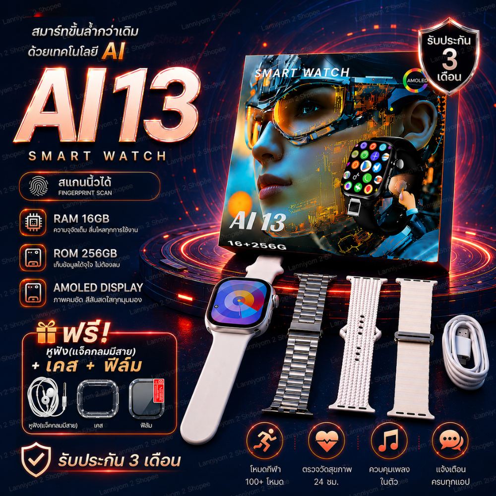 2026 อัพเกรดใหม่ Ai13 5G แถมหูฟัง สมาร์ทวอทช์  16+256  มีประกัน นาฬิกา Smart watch กล้องหมุนได้ จอAMOLED 49 mm