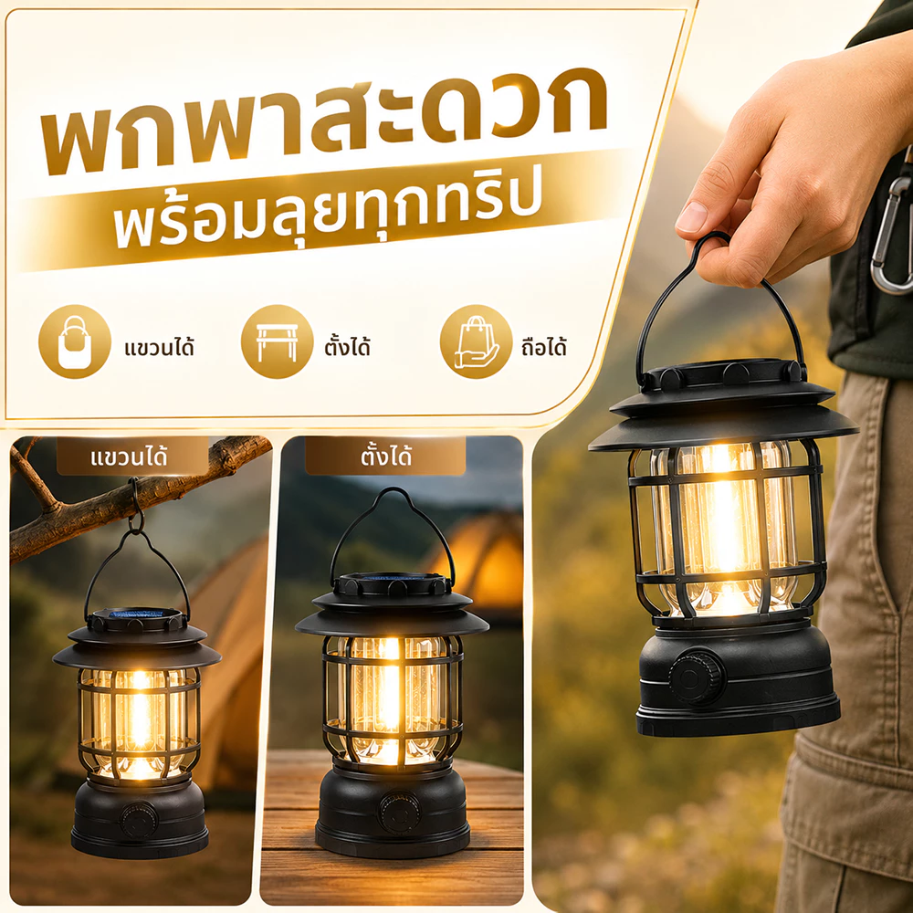 ไฟโซล่าเซลล์ ย้อนยุค ไฟตะเกียงแค้มปิ้ง แบบพกพา ชาร์จไฟได้ สําหรับตั้งแคมป์ เดินป่า Type-C ชาร์จ ปรับความสว่างเต็มรูปแบบ thumbnail 7