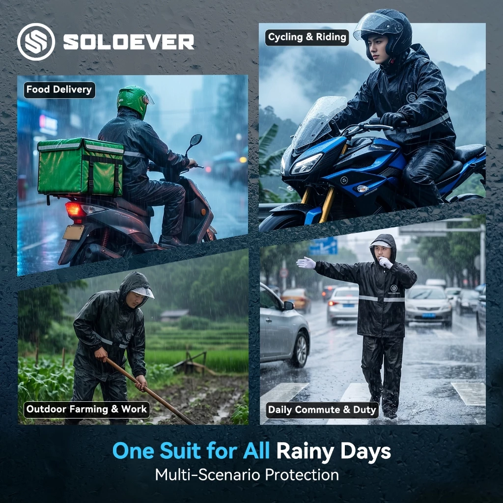 ​SOLOEVER เสื้อกันฝน 2ชิ้น กันน้ำ100% ฮู้ดปรับได้ เหมาะสำหรับขี่ ผู้ชาย ผู้หญิง สวมใส่สบาย ราคาพิเศษ thumbnail 7