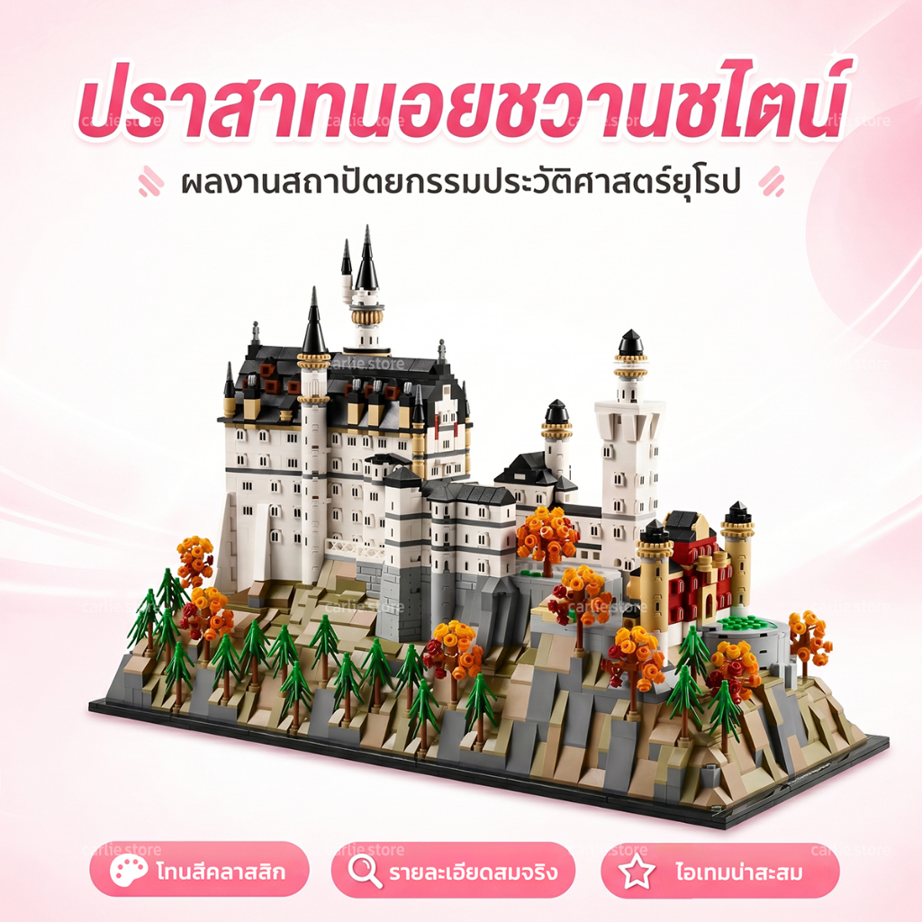บล็อกตัวต่อ สถาปัตยกรรมปราสาทนอยชวานสไตน์ 21063 ถอดส่วนบนออกเพื่อดูโครงสร้างภายในได้ มี 3455 ชิ้น