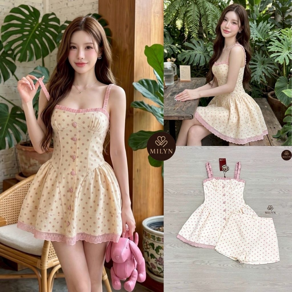 MILYN เซต 2 ชิ้น ลาย Polka Dot สีแดง - ดำ เสื้อเป็นทรง Baby Doll สายเดี่ยว เส้นหนาสีดำตัดกับตัวชุด ดีเทลหน้าอกทรงคัพสวย