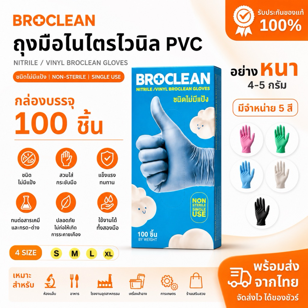 ถุงมือไนไตรไวนิล PVC ยี่ห้อ Broclean /กล่อง 100ชิ้น ถุงมืออเนกประสงค์ ถุงมืออย่างหนา ส่งไวพร้อมส่ง⚡️