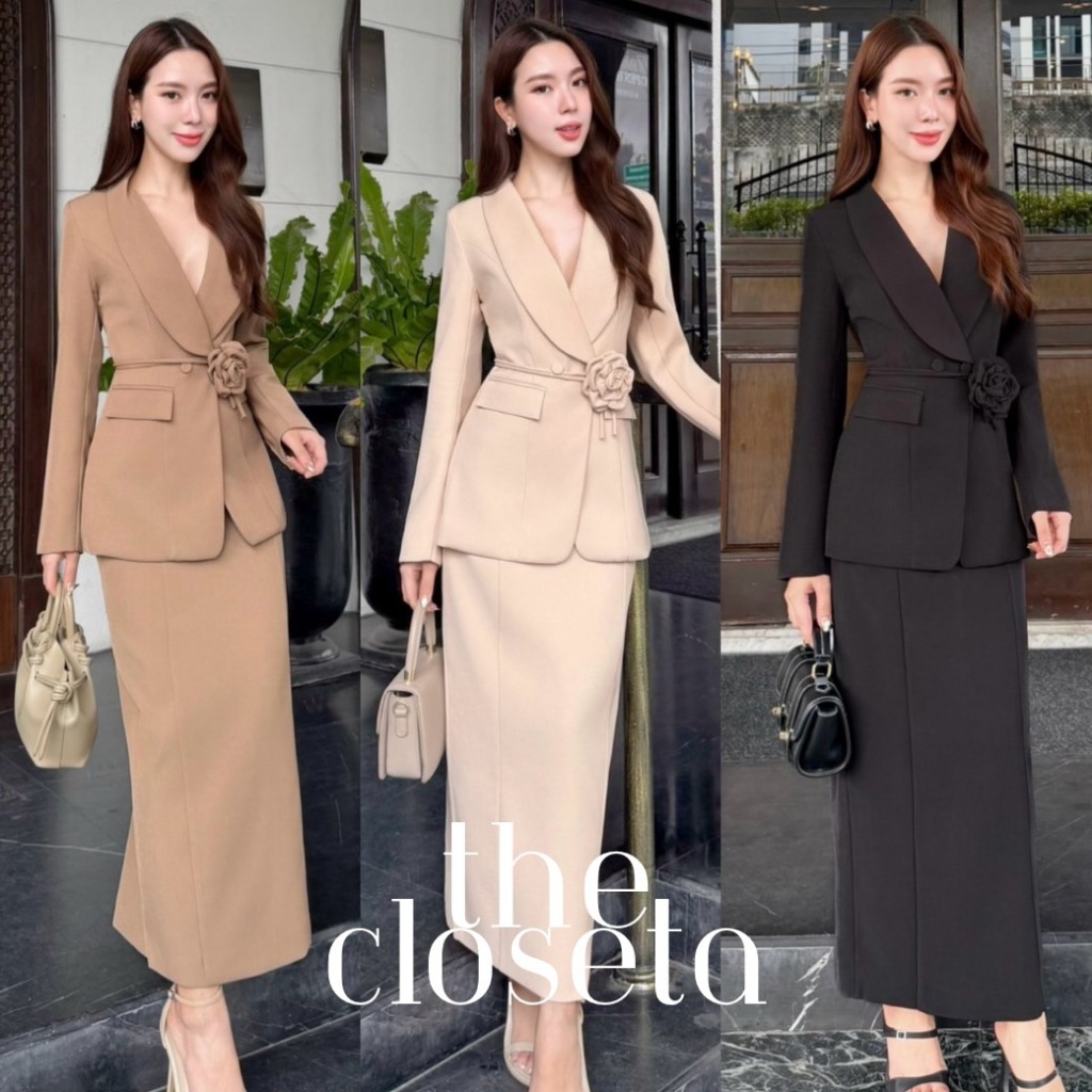THE CLOSETA : LV308 ชุดเซ็ทเสื้อสูท พร้อมเชือกดอกไม้ผูกเอว มาพร้อมกระโปรงทรงสอบเข้าเซ็ท