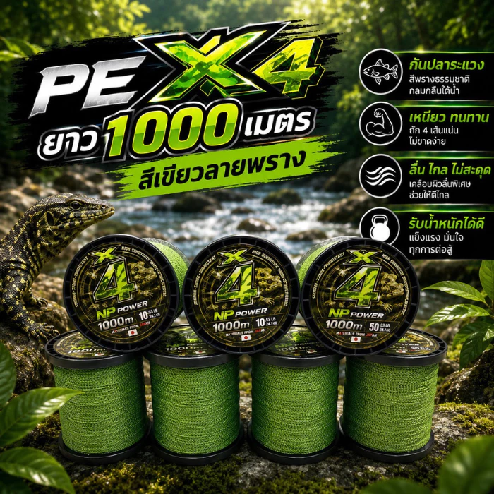 สาย PE ถัก 4 ความยาว 1000m สีเขียวลายพราง เหมาะสำหรับการตกปลาและใช้งานทะเล เบอร์ #0.6-#10.0