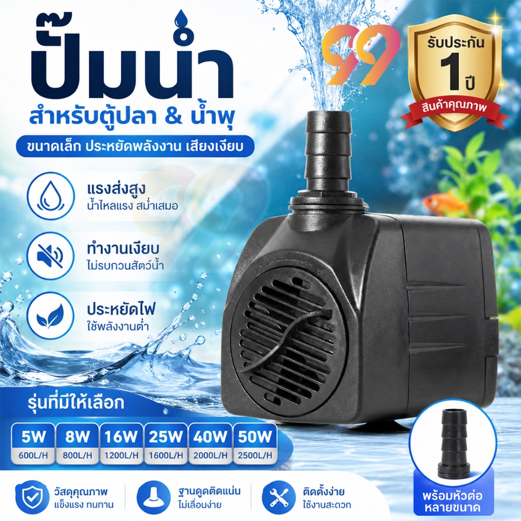 ปั้มน้ำ ตู้ปลา 5W-50Wปั๊มน้ำขนาดจิ๋ว ปั๊มแช่ ปั๊มตู้ปลา ปั๊มน้ำขนาดเล็ก ปั๊มน้ำพุ ไม่มีเสียงรบกวน เหมาะสำหรับน้ำพุแมว