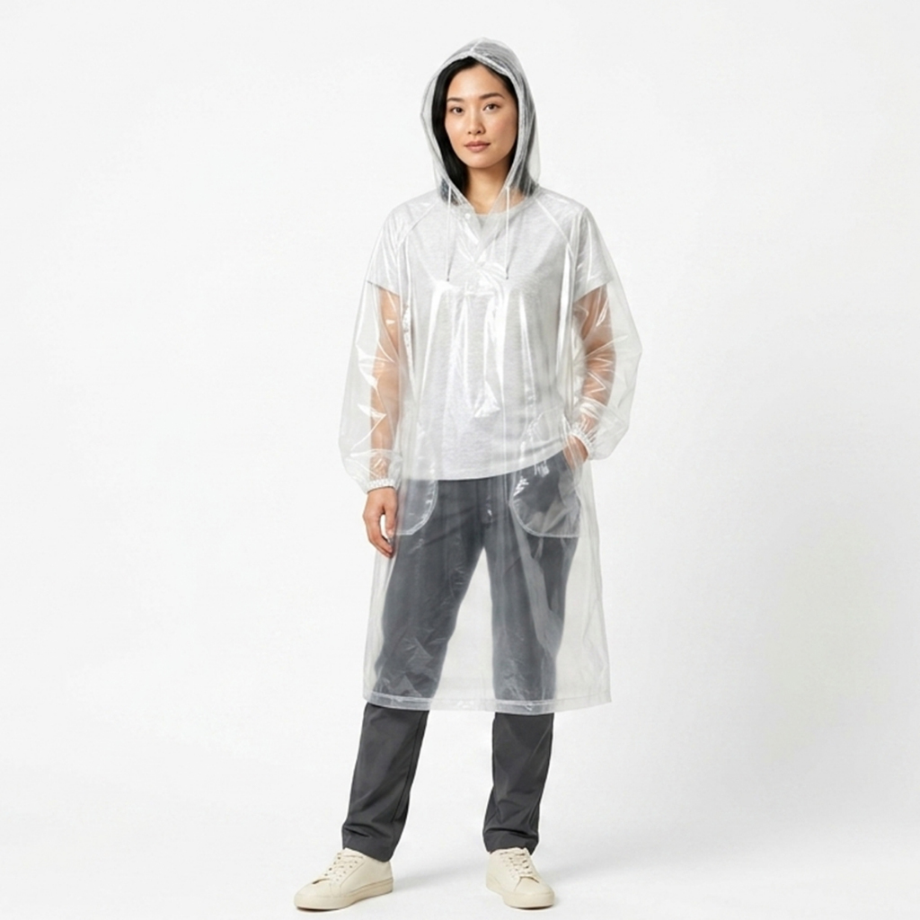 เสื้อกันฝนผู้ใหญ่ แบบใส ฟรีไซส์ กันน้ำ PE พกพาง่าย มีหมวก เดินทาง แคมป์ปิ้ง