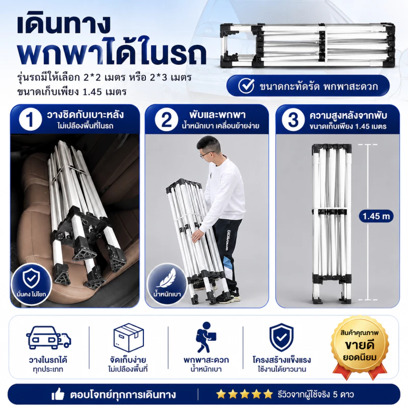 เต้นท์พับได้ 2x2 / 2x3 / 3x3 / 3x6m โครงสีขาว ผ้าใบ 2000D thumbnail 8