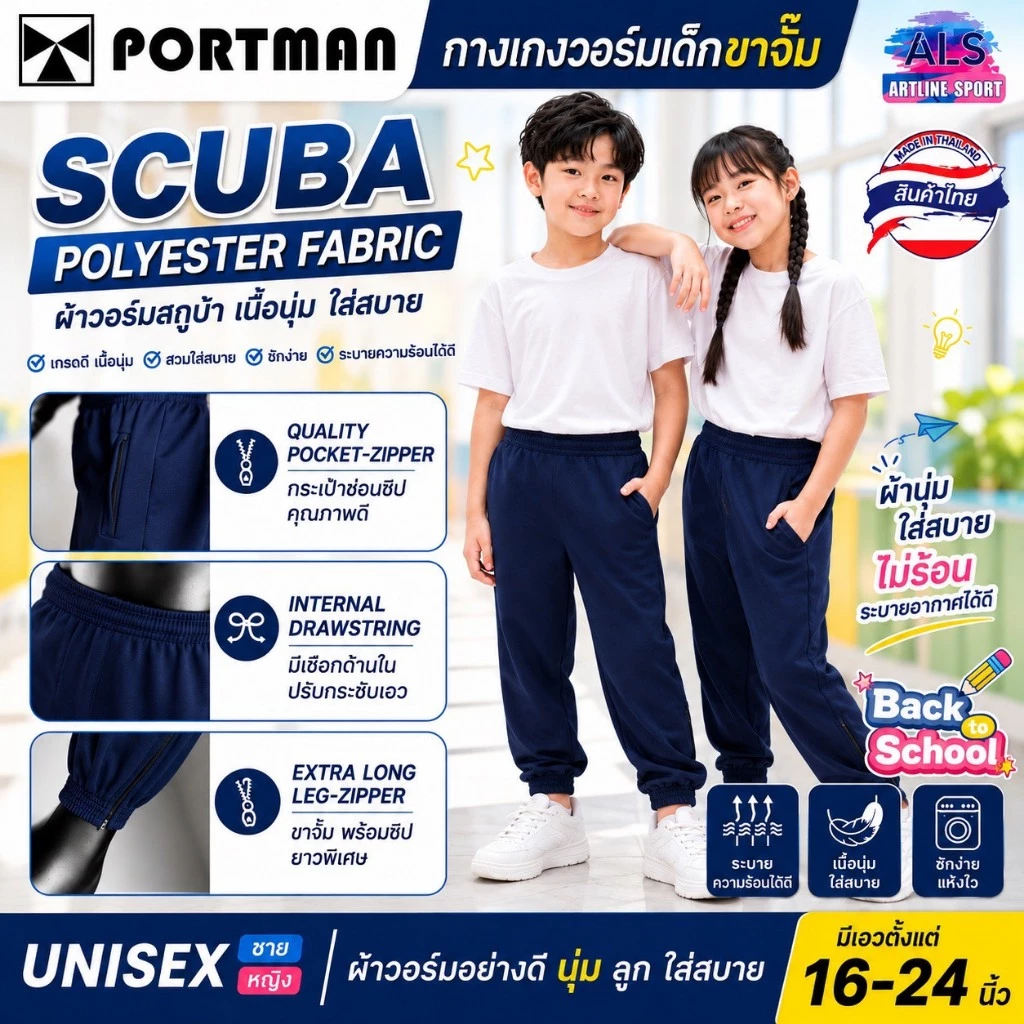 PORTMAN กางเกงวอร์มเด็กขาจั้มพ์ (กระเป๋า2 ข้างมีซิป) พอร์ตแมน รุ่น WJ02 (สินค้าไทย) -วัสดุ : ผ้าวอร์มเนื้อละเอียด Scuba