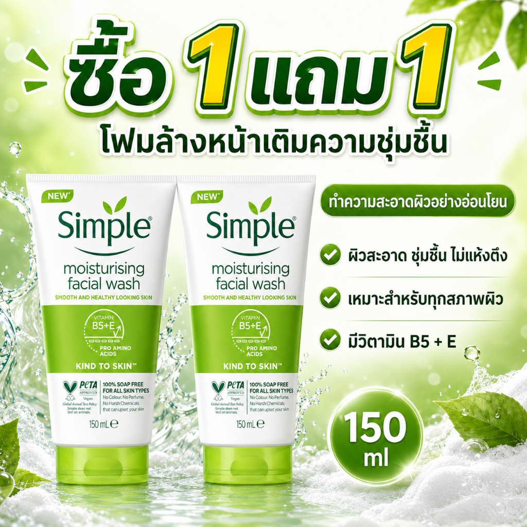 ซื้อ 1 แถม 1 Simple Skin-Friendly Deep Cleansing Milk 150ml: โฟมล้างหน้าสูตรอ่อนโยน สดชื่น บำรุงผิว