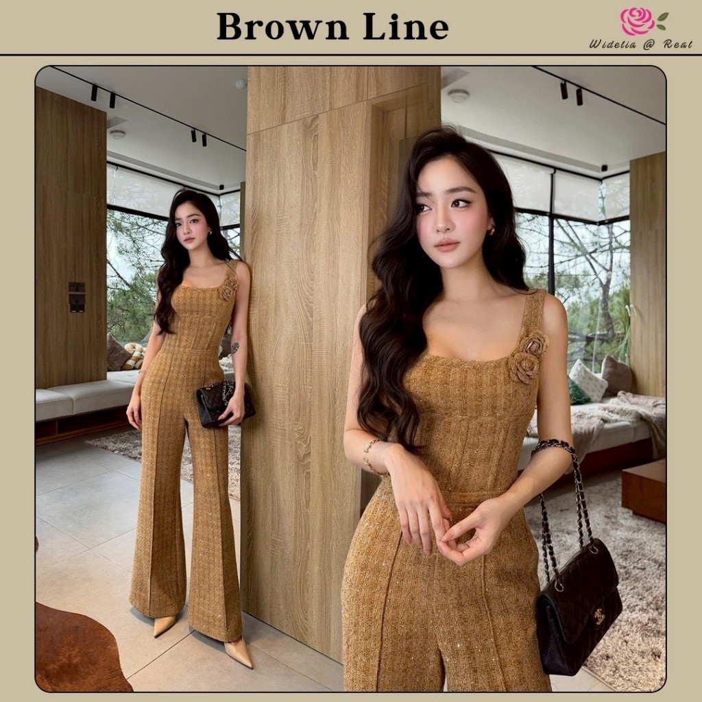 Widelia สีน้ำตาล Brown line Jumpsuit สูทขายาว เนื้อผ้าทวีตทอเลื่อมสวยทั่วทั้งตัว สีสวย เก๋ไก๋ด้วยเข็มกลัดดอกคามีเลีย
