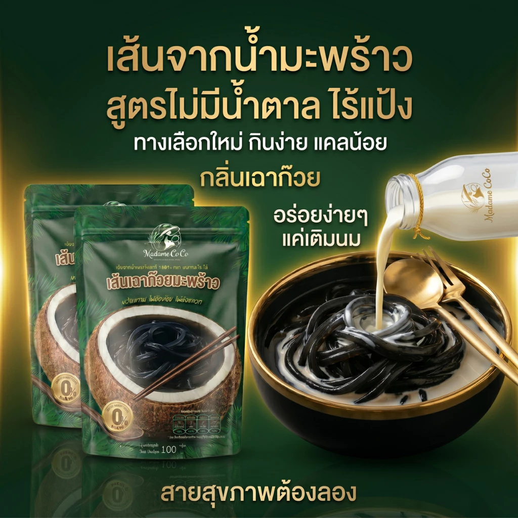 เฉาก๊วย เส้นจากน้ำมะพร้าว รสเฉาก๊วย ไม่มีแป้ง ไม่มีน้ำตาล พร้อมทาน ท๊อปปิ้งเครื่องดื่มได้ สำหรับผู้ที่ต้องการของหวาน
