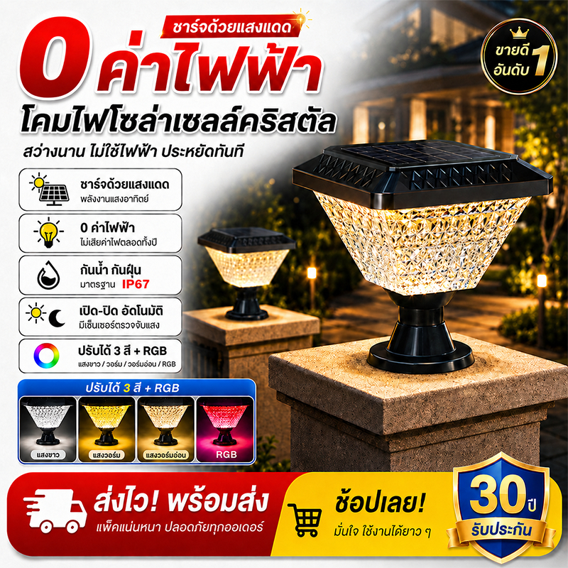 โคมไฟหัวเสา ไฟสวนหลอดไฟโซล่าเซลล์ ปรับได้ 3 สี+RGB การควบคุมแสงอัจฉริยะ  กันน้ำ LED โคมไฟสนาม Solar Light