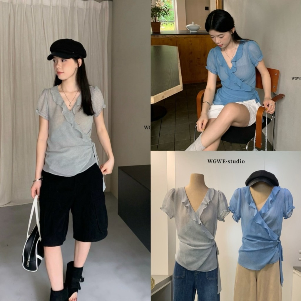 เสื้อคอกลมแขนสั้นทรงป้ายผูกโบว์ด้านข้างรุ่น 9578 TAG WG.WE 🇰🇷