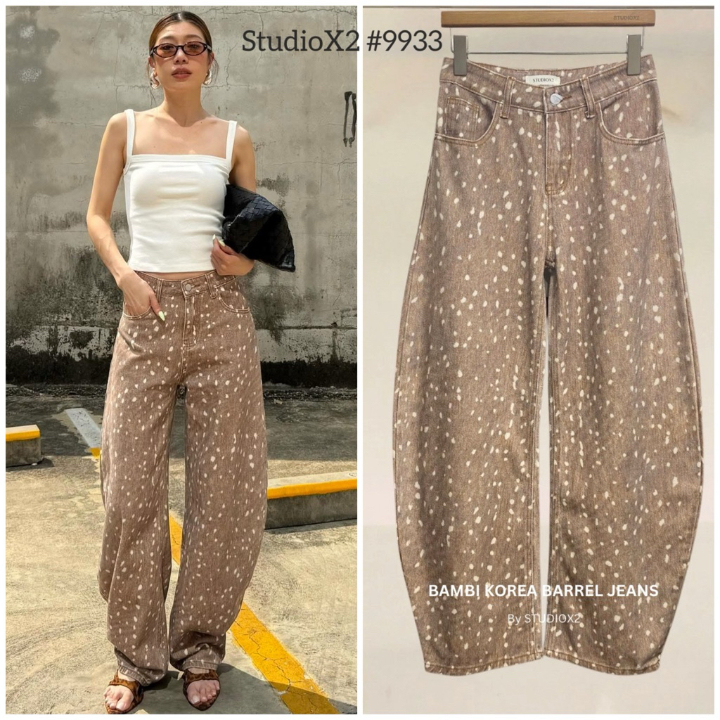 🟣9933 StudioX2 BAMBI BARREL ANINAL PRINT JEANS กางเกงขาโค้ง สียีนส์น้ำตาลฟอก พิมพ์ลาย ทรงขาไม่ใส่ใหญ่ ใส่แล้วไม่อ้วน