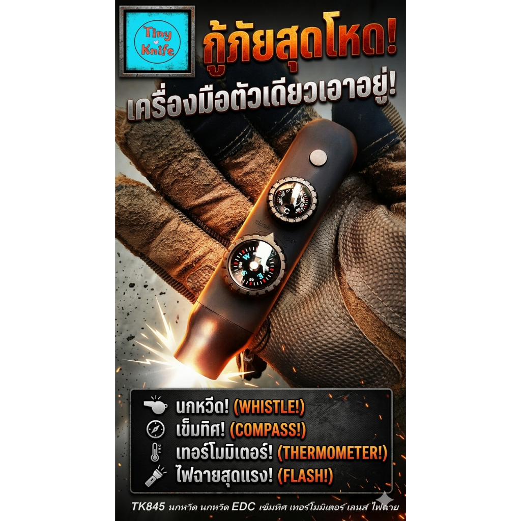 TK845 นกหวีด EDC มัลติฟังก์ชัน 5in1  นกหวีด เข็มทิศ แว่นขยาย ไฟฉาย กระจกเงา ไอเท็มเอาตัวรอดที่สายลุยต้องมี