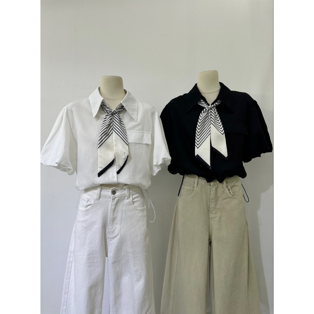 M2143 เสื้อเชิ้ตแขนตุ๊กตา แถมฟรีผ้าพันคอ! ลุค Minimal & Cafe Hopping ต้องมี