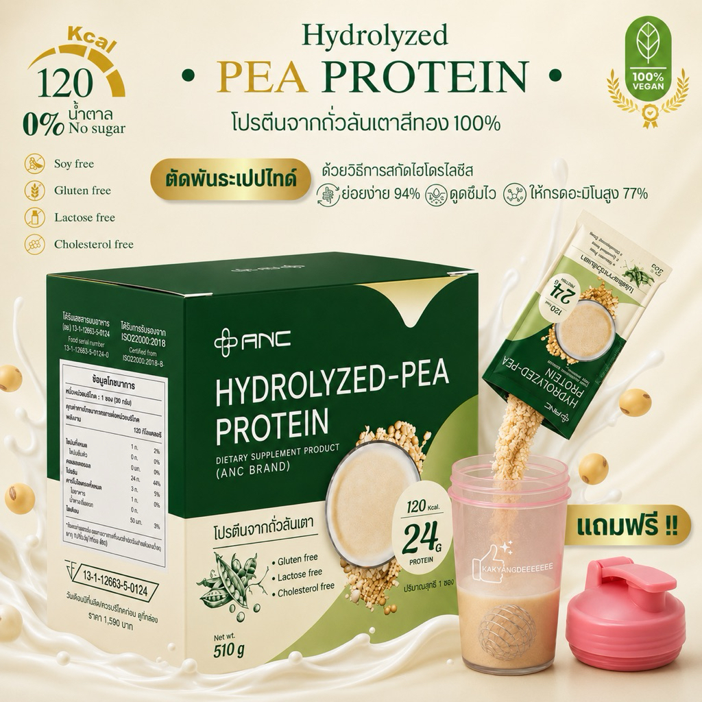 🔥1 กล่อง+ แก้วเชค 🔥Hydrolyzed-Pea Protein  พีโปรตีน โปรตีนจากถั่วลันเตาสีทอง 100%  สูตรย่อยง่าย